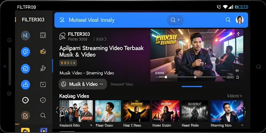 Antarmuka pengguna FILTER303 menampilkan konten video yang menarik dan mudah dinavigasi.