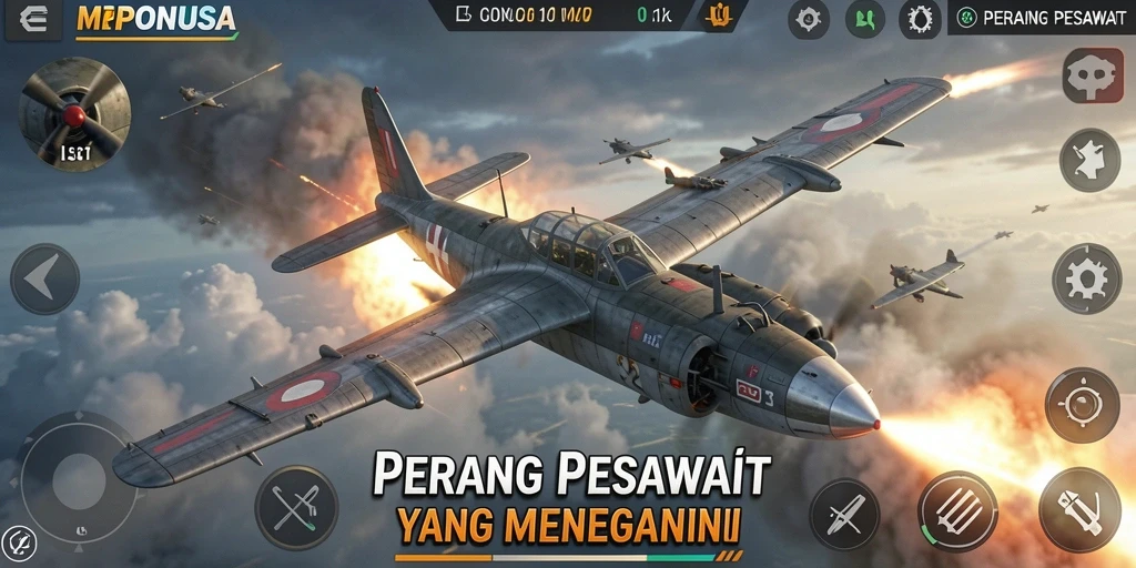 Tampilan antarmuka game Perang Pesawat MPONUSA yang dinamis.