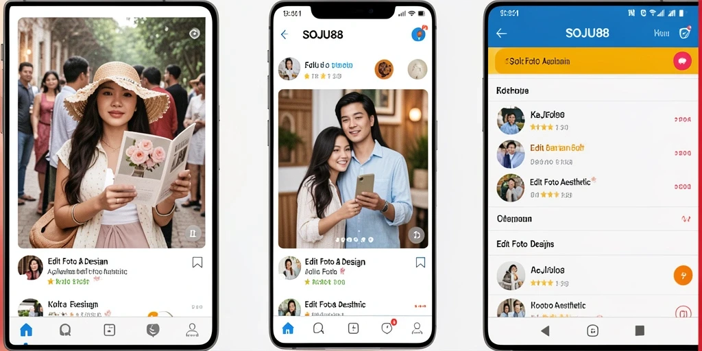 Antarmuka aplikasi SOJU88 menampilkan berbagai fitur pengeditan foto aesthetic.